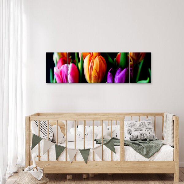 Obraz tulipanów na czarnym tle (170x50 cm)