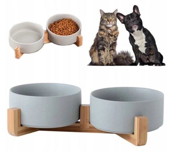 Podwójna miska ceramiczna 2x 400ml na bambusowej podstawce PETSTORY
