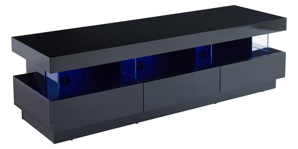 Szafka RTV FABIO – MDF lakierowany w kolorze czarnym – oświetlenie LED – 3 szuflady i 3 wnęki