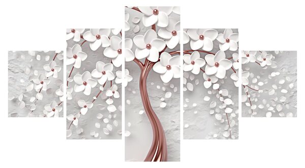 Obraz - Obraz białego drzewa z kwiatami, rosegold (125x70 cm)
