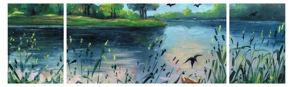 Obraz - Obraz olejny, Wczesny letni wieczór nad jeziorem (170x50 cm)
