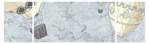 Obraz - Balony nad miastem, zimne odcienie (170x50 cm)