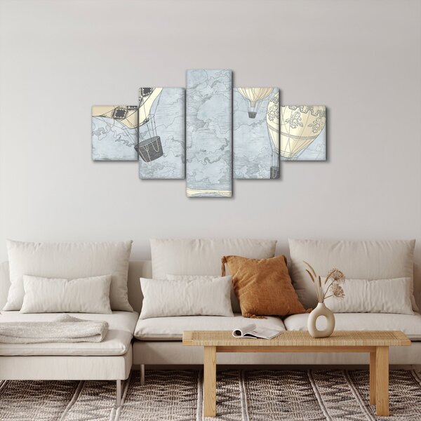 Obraz - Balony nad miastem, zimne odcienie (125x70 cm)