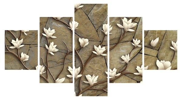 Obraz - Białe magnolie na murze kamiennym (125x70 cm)