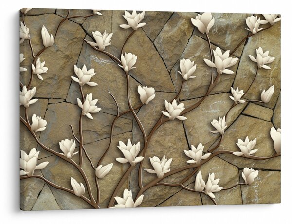 Obraz - Białe magnolie na murze kamiennym (70x50 cm)