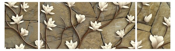 Obraz - Białe magnolie na murze kamiennym (170x50 cm)