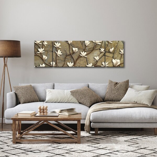 Obraz - Białe magnolie na murze kamiennym (170x50 cm)