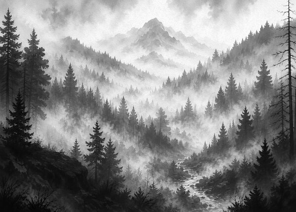 Fototapeta Górski krajobraz z mgłą i drzewami, Fototapety Natura, Popularne Fototapety, t00800 - Tapeko.pl