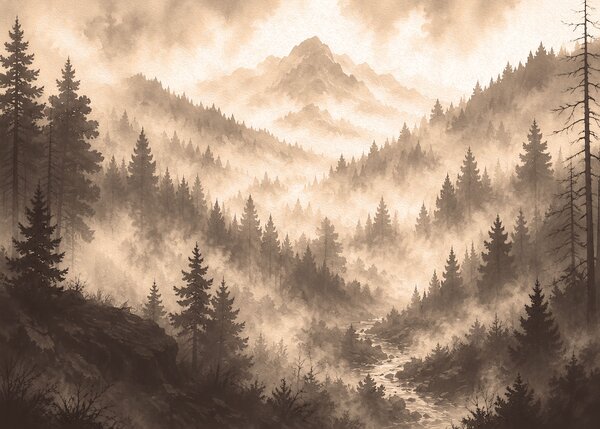 Fototapeta Mglisty górski krajobraz z drzewami i rzeką, Fototapety Natura, Popularne Fototapety, t00800v1 - Tapeko.pl