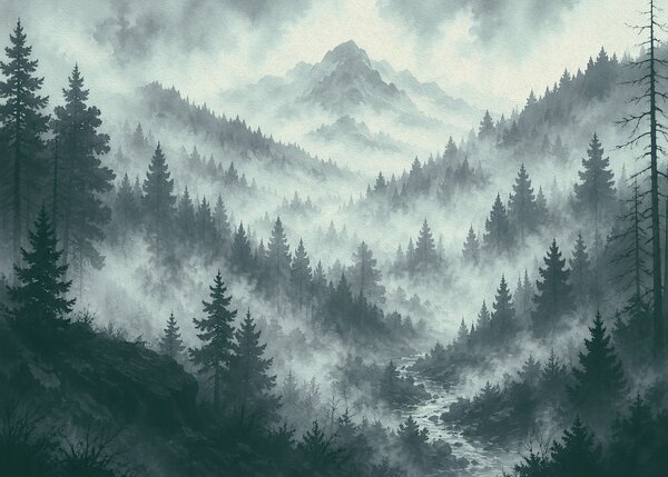 Fototapeta Mglisty górski krajobraz z drzewami i rzeką, Fototapety Natura, Popularne Fototapety, t00800v2 - Tapeko.pl