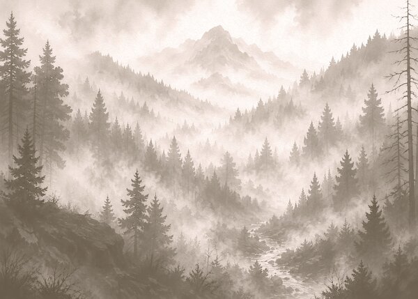 Fototapeta Mglisty górski krajobraz z drzewami i rzeką, Fototapety Natura, Popularne Fototapety, t00800v3 - Tapeko.pl