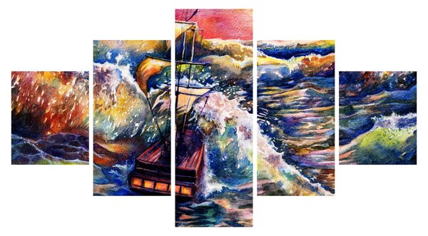 Obraz - Statek na falach oceanu, akwarela (125x70 cm)