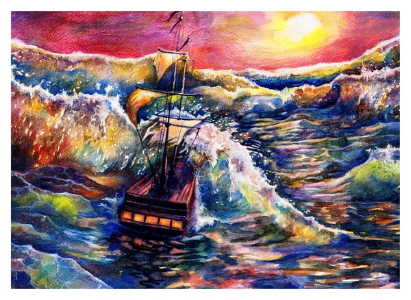 Obraz - Statek na falach oceanu, akwarela (70x50 cm)