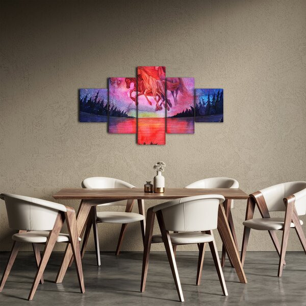 Obraz - Pojawienie się kosmicznych koni nad jeziorem, akwarela (125x70 cm)