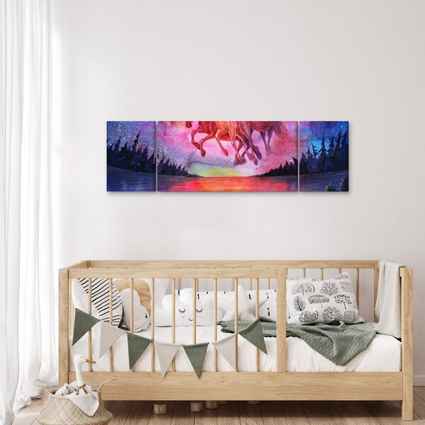 Obraz - Pojawienie się kosmicznych koni nad jeziorem, akwarela (170x50 cm)