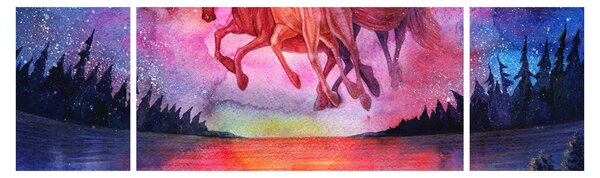 Obraz - Pojawienie się kosmicznych koni nad jeziorem, akwarela (170x50 cm)