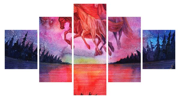 Obraz - Pojawienie się kosmicznych koni nad jeziorem, akwarela (125x70 cm)