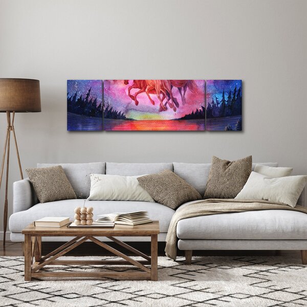 Obraz - Pojawienie się kosmicznych koni nad jeziorem, akwarela (170x50 cm)