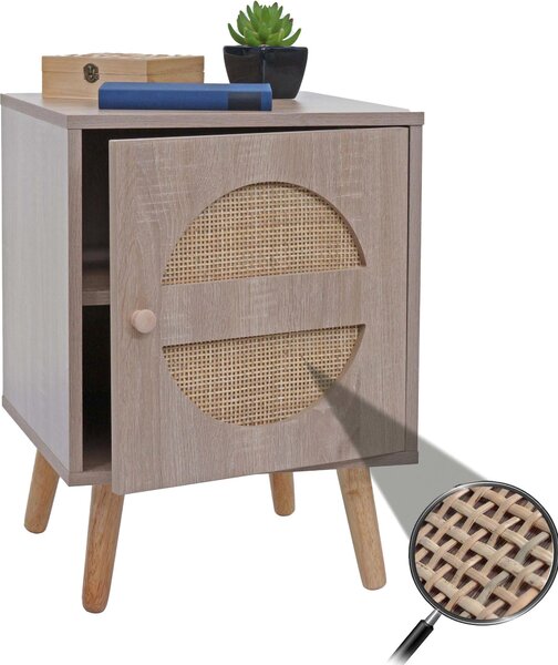Stolik nocny HWC-M35, stolik kawowy, schowki, drewno Kubu rattan melamina, dąb 56x40x40cm