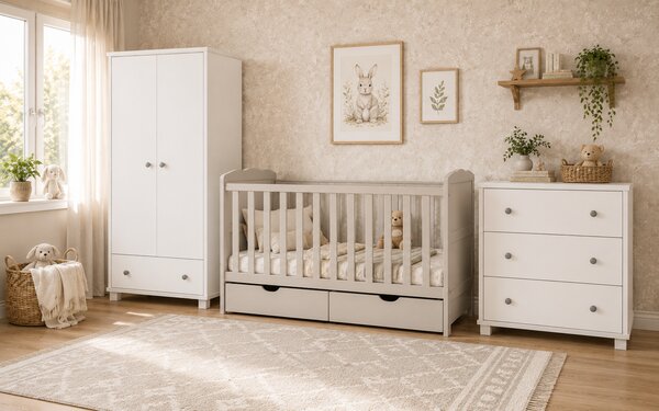Zestaw mebli dla niemowląt BASIC BABY z łóżeczkiem ELLA 140x70 – wybór uchwytów i koloru