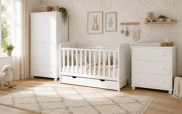 Zestaw mebli dla niemowląt BASIC BABY z łóżeczkiem ELLA 140x70 – wybór uchwytów i koloru