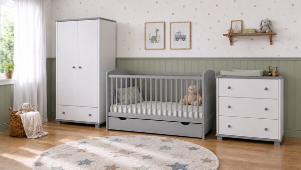 Zestaw mebli dla niemowląt BASIC BABY z łóżeczkiem NORA 140x70 – wybór uchwytów i koloru