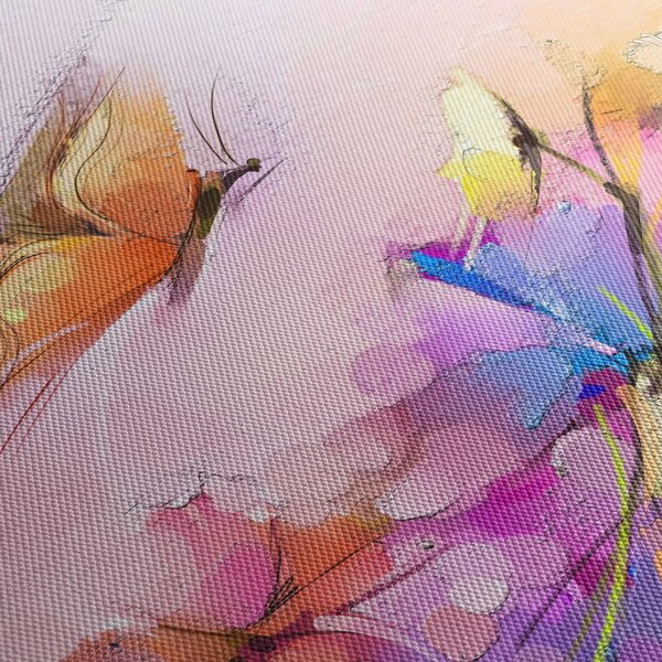 Obraz - Motyl nad kwiatem, abstrakcja (z zegarem) (90x30 cm)