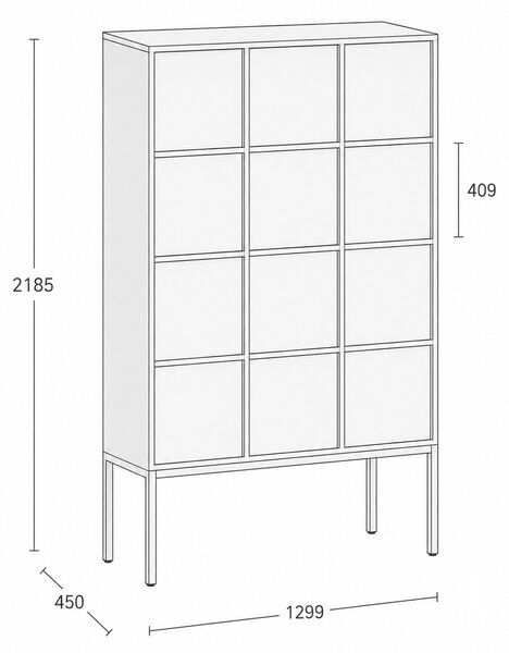 Szafa biurowa FRAME, podstawa biała, 12x drzwi, 1299 x 450 x 2185 mm, PUSH-lock, szary