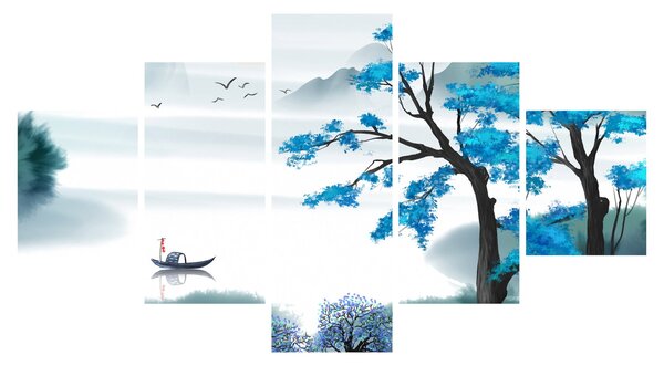 Obraz - Malowane jezioro z łódką (125x70 cm)