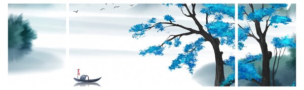 Obraz - Malowane jezioro z łódką (170x50 cm)