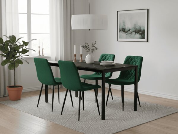 Zestaw jadalniany 1 + 4, czarny stół RAMOD 100x60 cm marmurowy dekor + zielone krzesło TURIN z czarnymi nogami