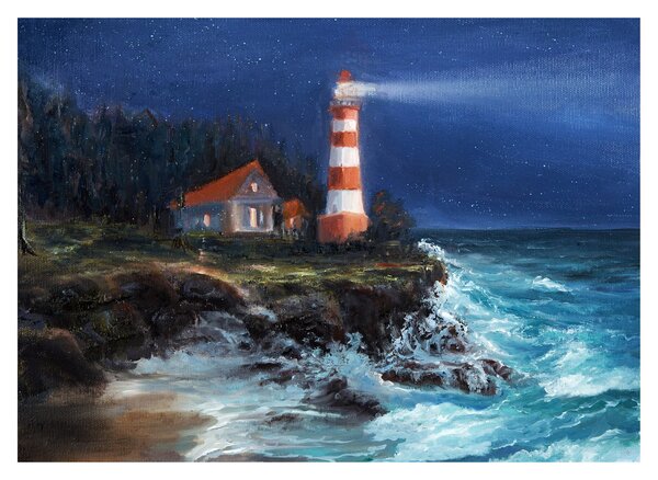 Obraz - Latarnia morska na brzegu oceanu, akwarela (70x50 cm)