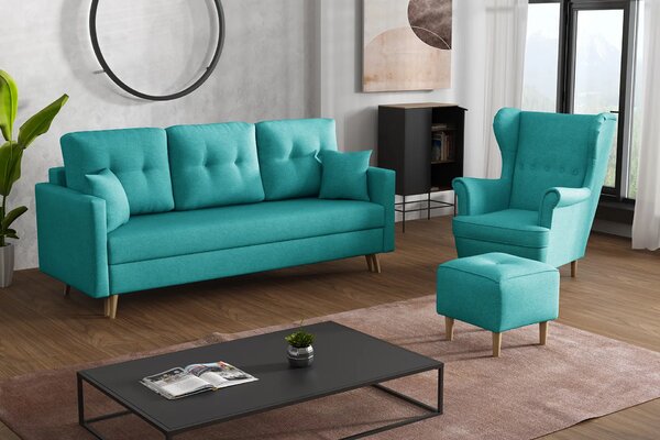 Komplet wypoczynkowy skandynawski do salonu sofa + 2 fotele z podnóżkami Turkusowy
