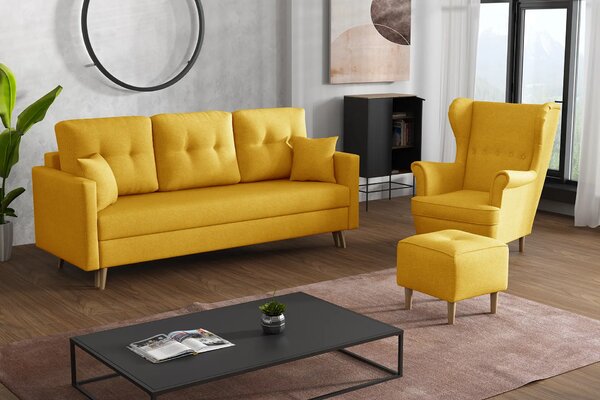 Komplet wypoczynkowy skandynawski do salonu sofa i 2 fotele Żółty