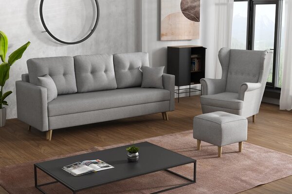 Komplet wypoczynkowy skandynawski do salonu sofa + 2 fotele z podnóżkami Szary