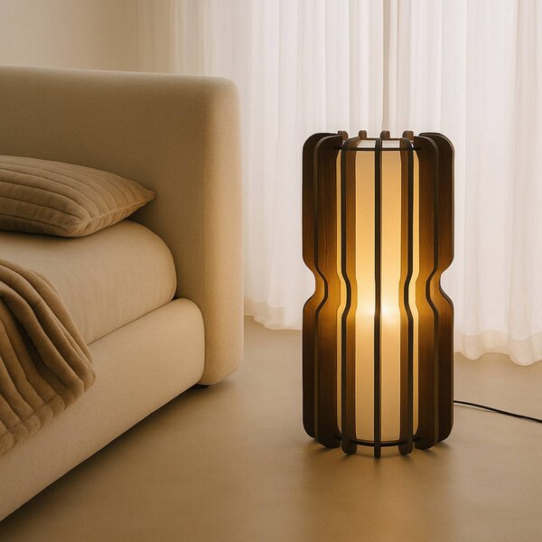 Lampa stojąca Juneta Lucande, ciemne drewno, salon / jadalnia, drewno, skandynawski