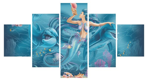 Obraz - Syrenka z delfinami (125x70 cm)