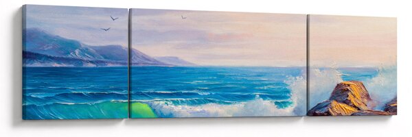 Obraz fal uderzających w klify, obraz olejny (170x50 cm)
