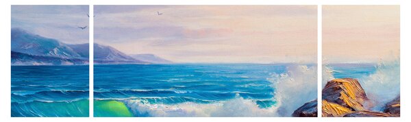 Obraz fal uderzających w klify, obraz olejny (170x50 cm)