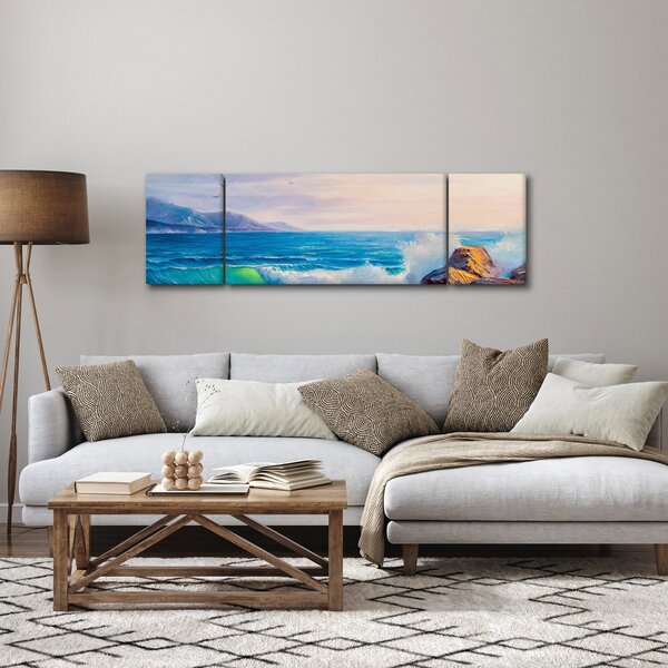 Obraz fal uderzających w klify, obraz olejny (170x50 cm)