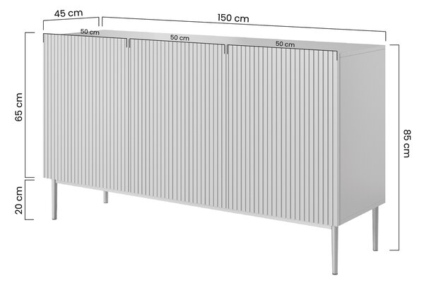 Komoda Nicole 150 cm trzydrzwiowa z ryflowanym frontem - kaszmir / złote nóżki