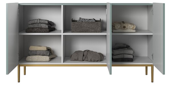 Komoda Nicole 150 cm trzydrzwiowa z ryflowanym frontem - szałwia / złote nóżki - Limitowana oferta