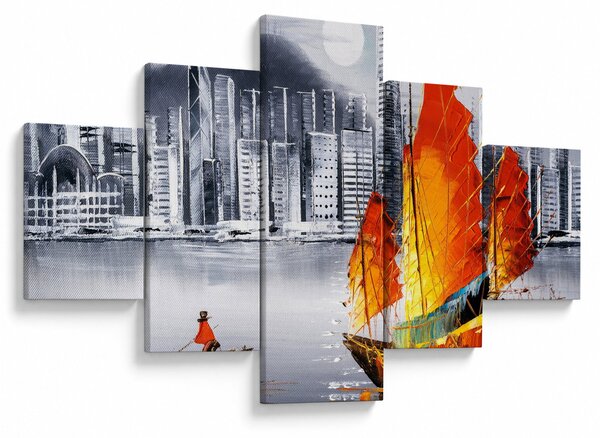 Obraz - Victoria Harbor, Hongkong, czarno-biały obraz olejny (125x70 cm)