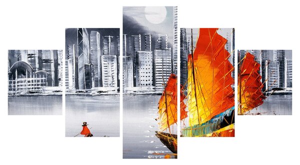 Obraz - Victoria Harbor, Hongkong, czarno-biały obraz olejny (125x70 cm)