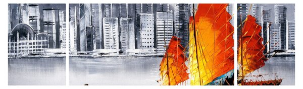 Obraz - Victoria Harbor, Hongkong, czarno-biały obraz olejny (170x50 cm)