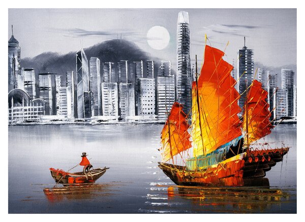 Obraz - Victoria Harbor, Hongkong, czarno-biały obraz olejny (70x50 cm)