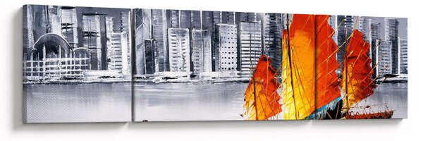 Obraz - Victoria Harbor, Hongkong, czarno-biały obraz olejny (170x50 cm)