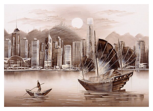 Obraz - Victoria Harbor, Hongkong, efekt sepii (70x50 cm)