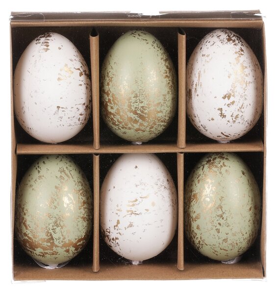 Zestaw sztucznych jajek wielkanocnych zdobionych złotem, zielono-biały, 6 szt