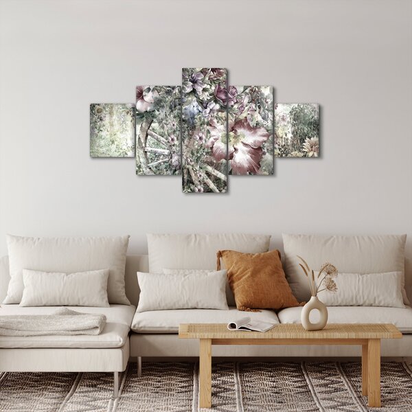 Obraz kwiatów na drewnianym kole (125x70 cm)